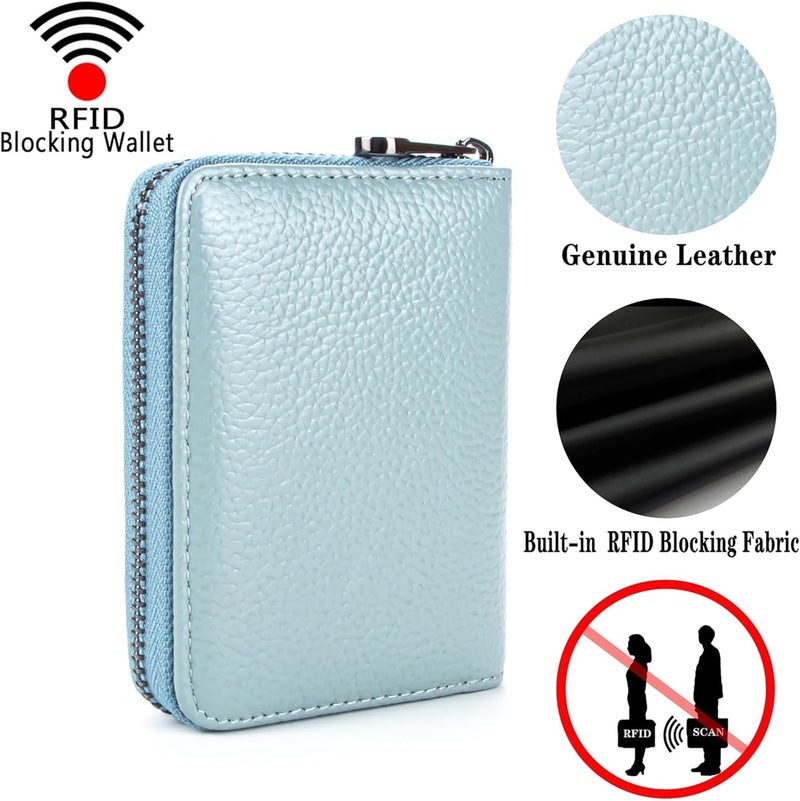 Suweibuke Genuine Leather Credit Card Holder Zipper Wallet RFID Blocking Secure Card Case ID Case Organizer (Light Blue) - Image 4